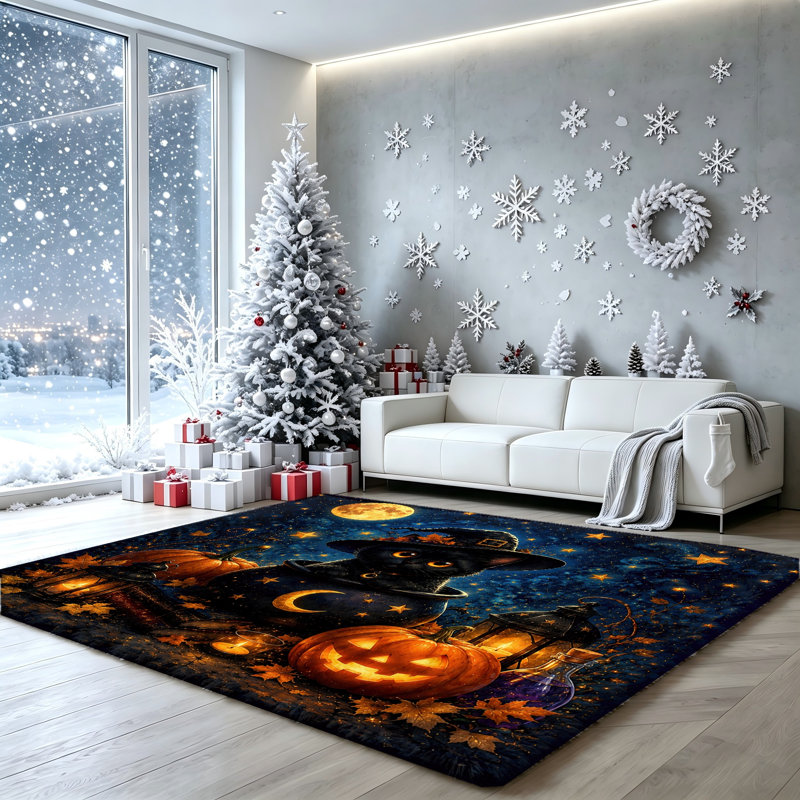 Tapis d'intérieur antidérapant Chat Noir Citrouille Lanterne, Chat Chapeau de Sorcière, pour salon, chambre, cuisine, décoration intérieure, décorations d'Halloween, décoration unique, décoration de chambre