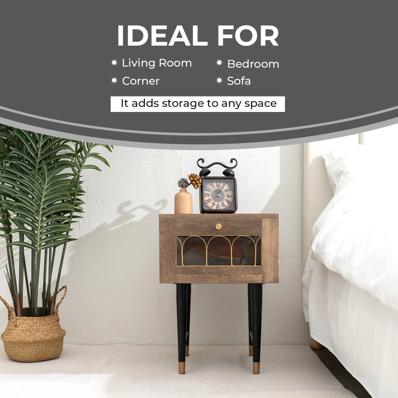 Volkard Modern Brown Bedside Table With 2 Drawers, Gold Metal Rail Accent, Black Iron Legs With Gold Tips