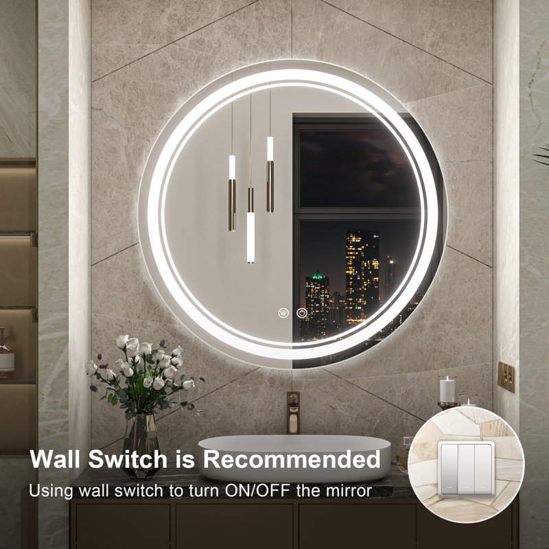 Lashonta Round Frameless Frontlit Bathroom Mirror with Stepless Brightness Adjustment, 3 Color Temperature & Defog Function