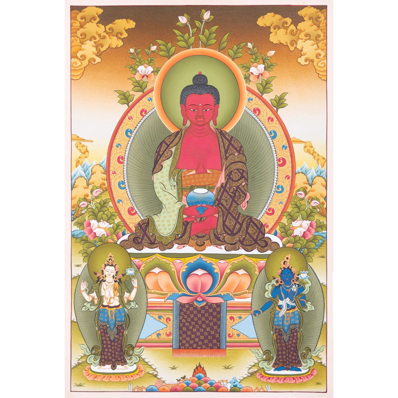 Bouddha Amitabha Thangka (Thangka sans brocart) | Or 24 carats avec couleurs acryliques sur toile de coton