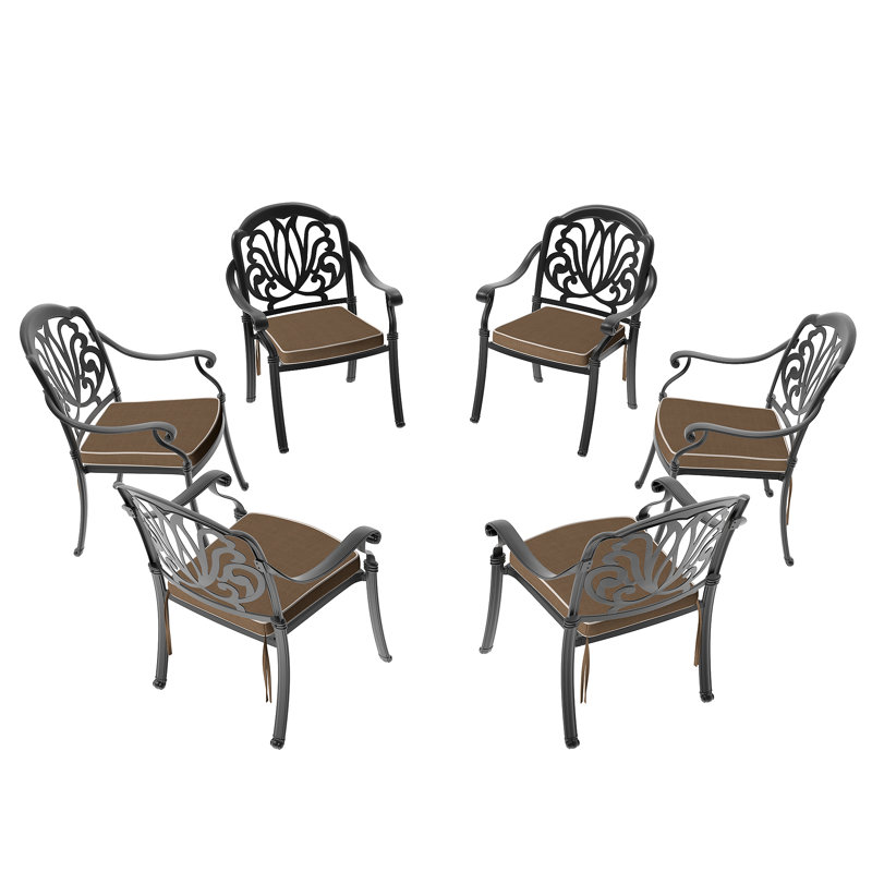 Chaise de patio en fonte d'aluminium 6 pièces avec structure et coussins, Brun