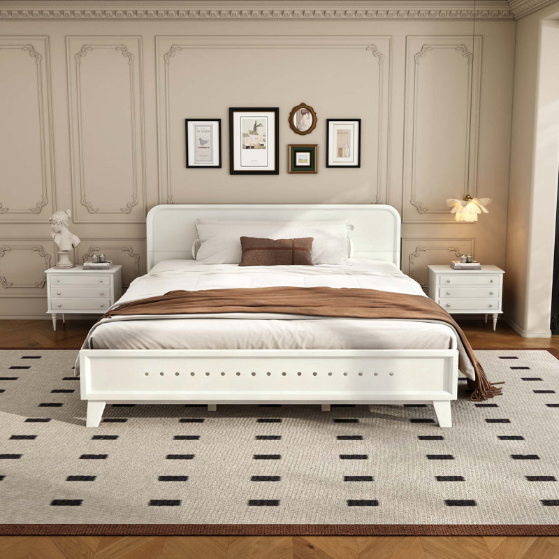Grand lit en pin massif, solide et stable, sans sommier tapissier, Blanc, Grand lit