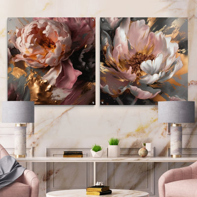 Marble Pink Gold Peony Flower I - Abstract Marble Acrylic Wall Art Glass Set Of 2