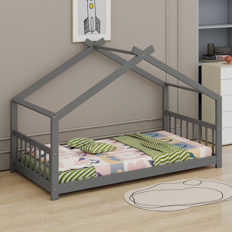 Lit en bois House House, gris, Simple
