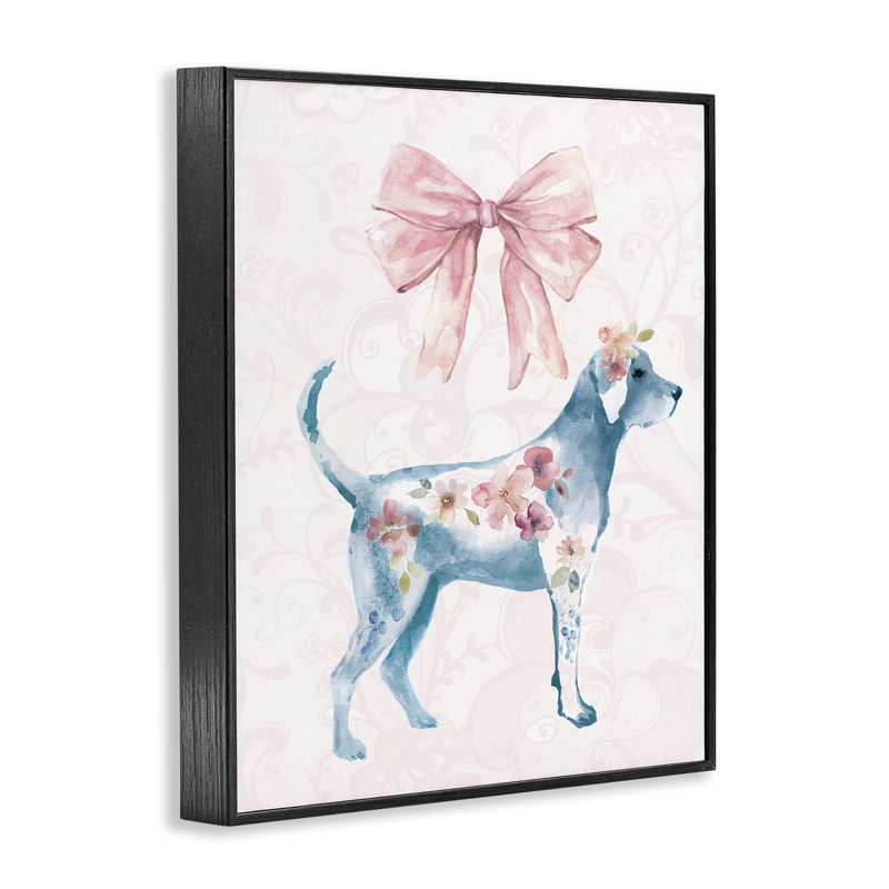 Giclée encadrée de chien floral avec ruban rose, design par Carol Robinson, H 14 po x l 11 po, Giclée encadrée noir minuit