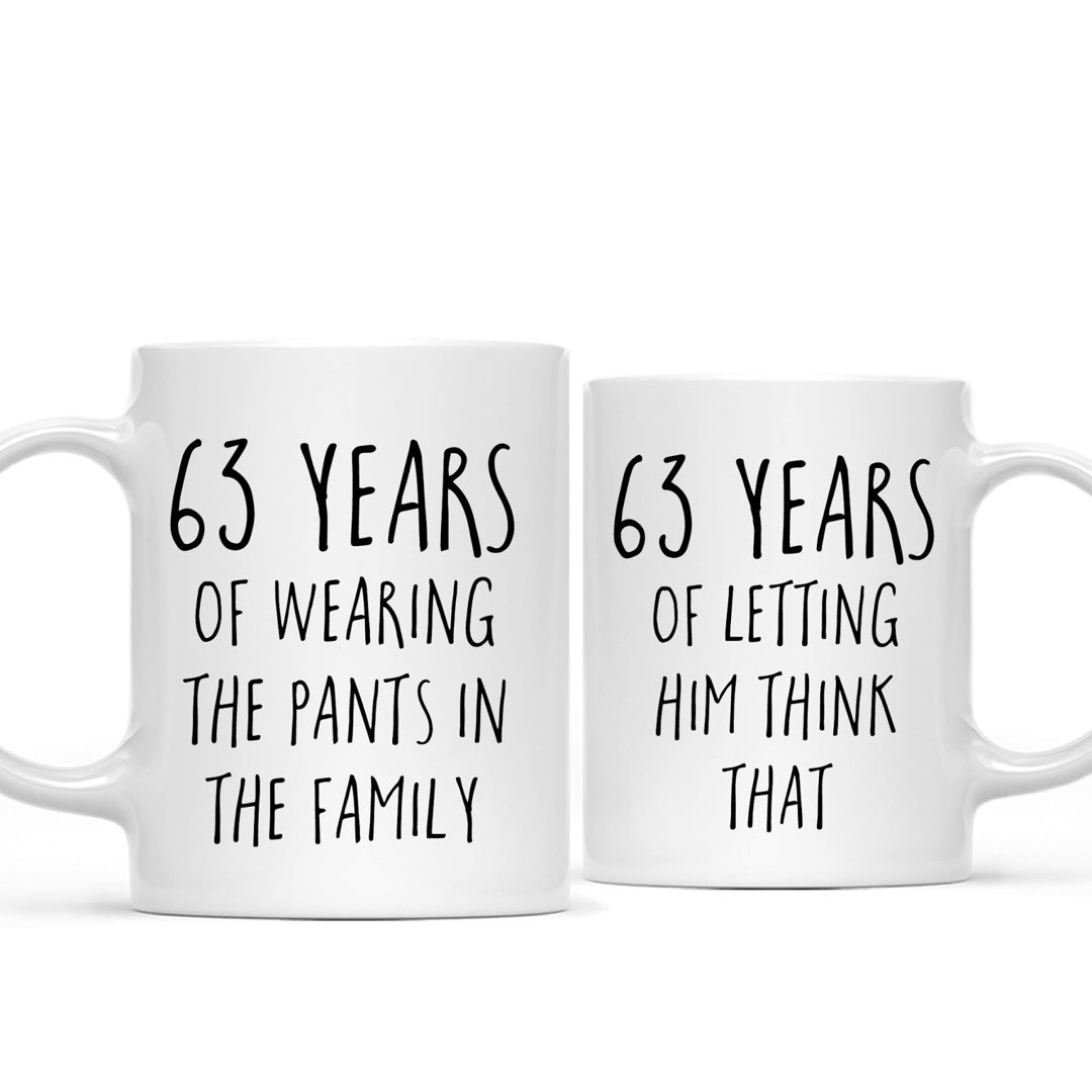 Funny 63Rd Wedding Anniversary 11Oz. Couples Coffee Mug Gag Gift, 63 Years Of Wearing The Pants In The Family, Letting Him Think That, 2-Pack With Gift Box For Husband Wife Parents (Set of 2) Koyal Wholesale