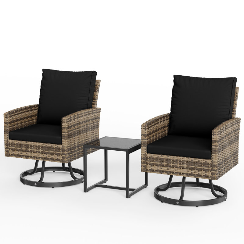 Ensemble de conversation en osier pivotant pour 2 personnes avec table d'appoint, Black, Yellow
