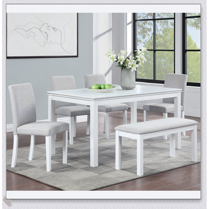 Ensemble de table de salle à manger 6 pièces en bois avec 4 chaises rembourrées et banc, table rectangulaire avec décoration en cristal pour une salle à manger élégante