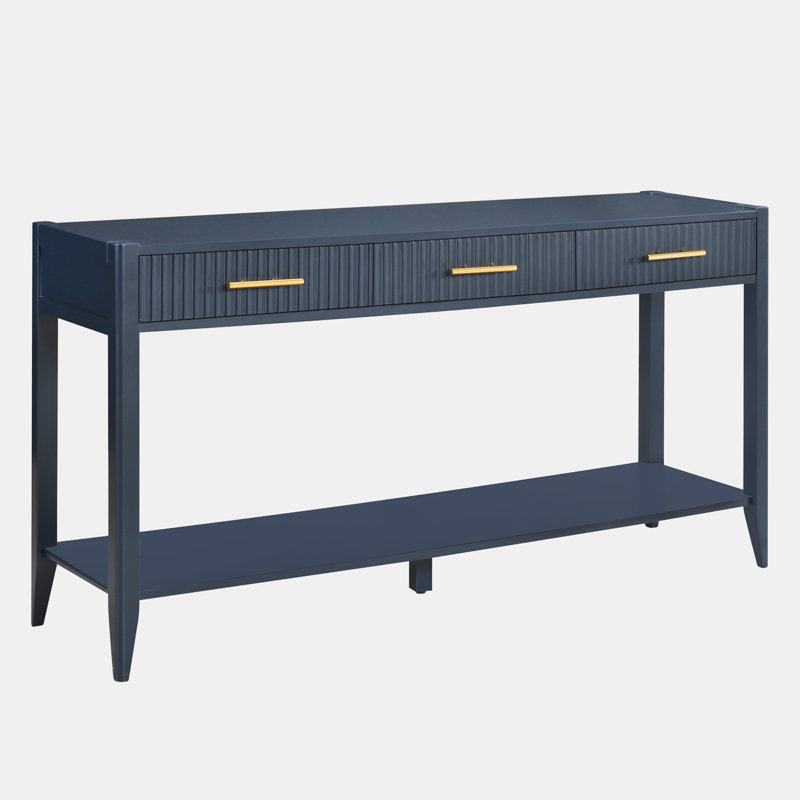 Alkan Stylish Console Table with Vertical Stripe Drawers and Bottom Shelf, Navy