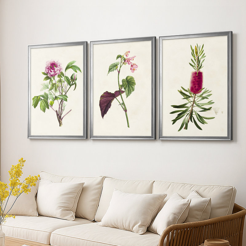 «Pretty Pink Botanicals» - Toile tendue avec châssis sur mesure - 3 pièces, H 19 po x l 27 po, Argent argent