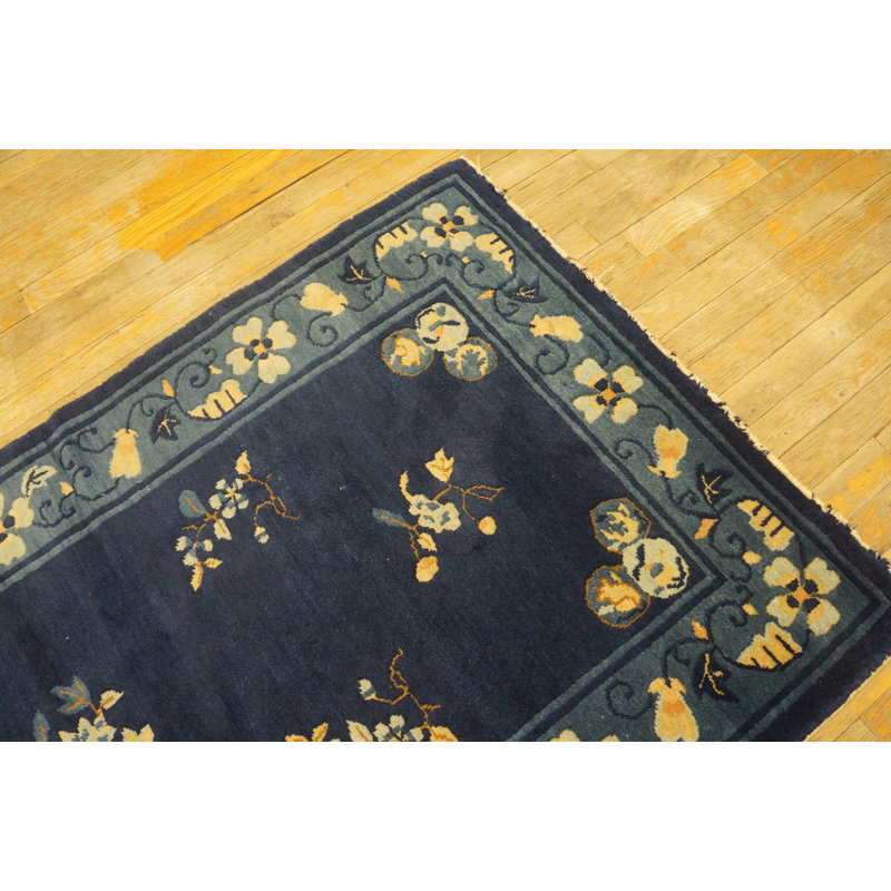Blue Rectangle 1920s Antique Wool Hand Knotted Pile Rug