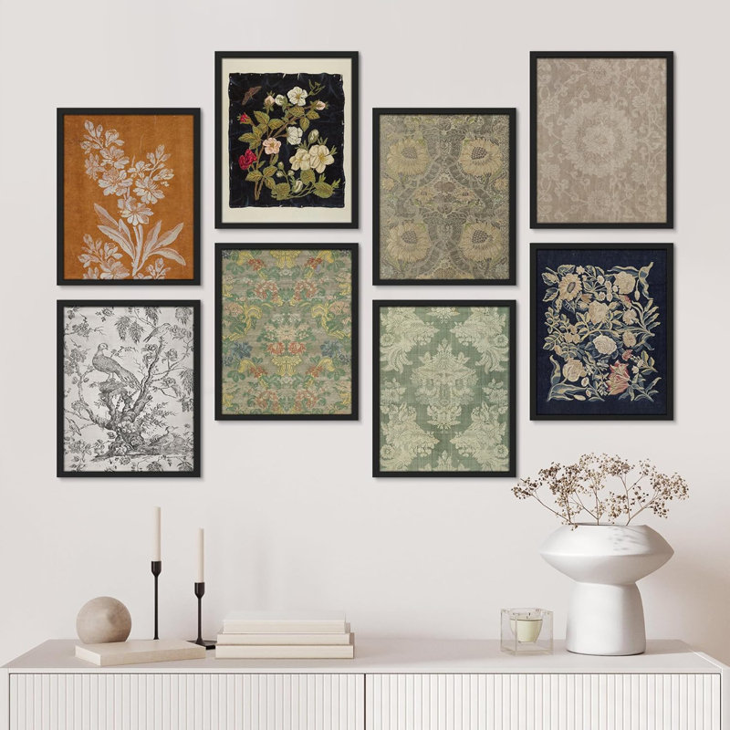 «Abstract Floral Botanical Toile Flower», reproduction de papier encadrée sur papier, 8 pièces, Cadre noir, L 11 po x H 14 po