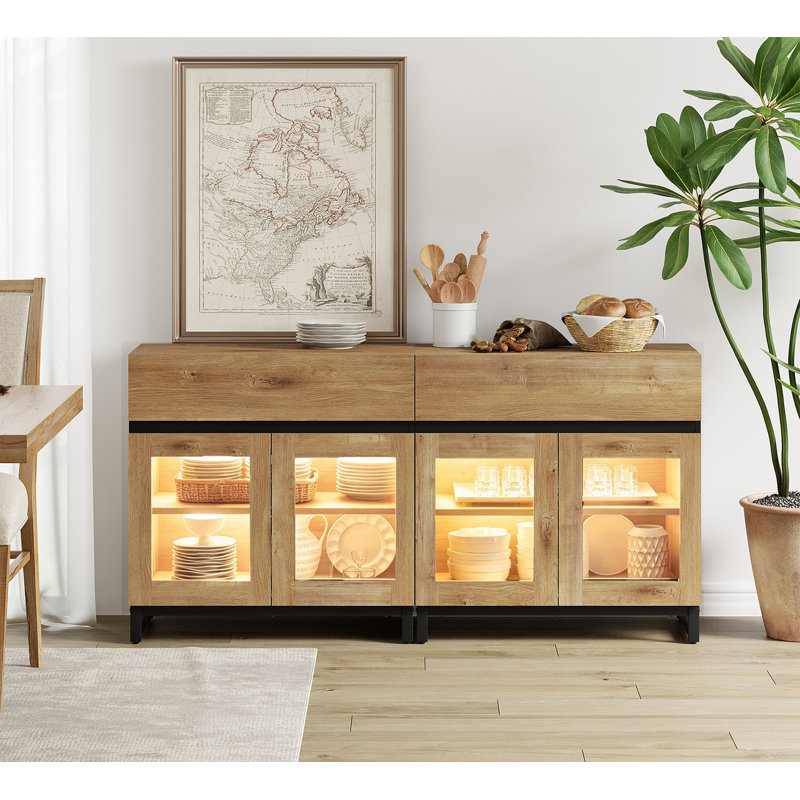 2 In 1 Multifunctional Sideboard Buffet Cabinets With 4 Glass Doors And 2 Drawers, Modern Sideboard Credenza With Metal Base, Coffee Bar Storage Cabinet For Living Room, Kitchen