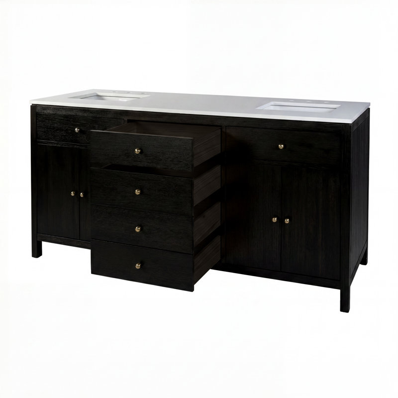 Meuble-lavabo double 72 po avec plateau en quartz Celine, brun café antique, Brun café antique