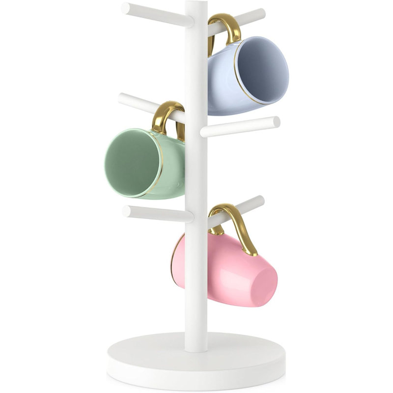Arbre porte-gobelet en bambou, support de tasse à café à base plus épaisse pour comptoir, porte-gobelet de comptoir avec 6 crochets