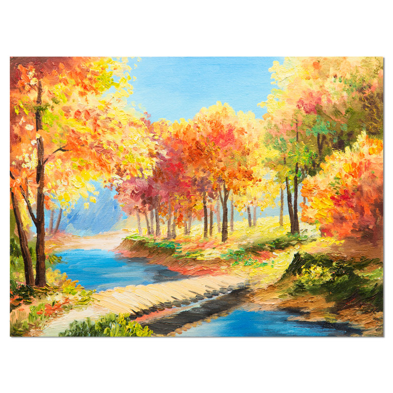 «Wooden Bridge in Colorful Forest Landscape», reproduction d'art sur toile tendue, H 30 po x l 40 po
