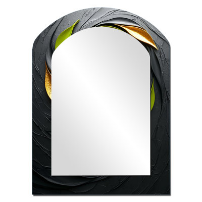 Green And Black Botanical Balance I - Botanicals Asymmetrical Decorative Wall Mirror, Green Arch Large Mirror, Printed Metal Art