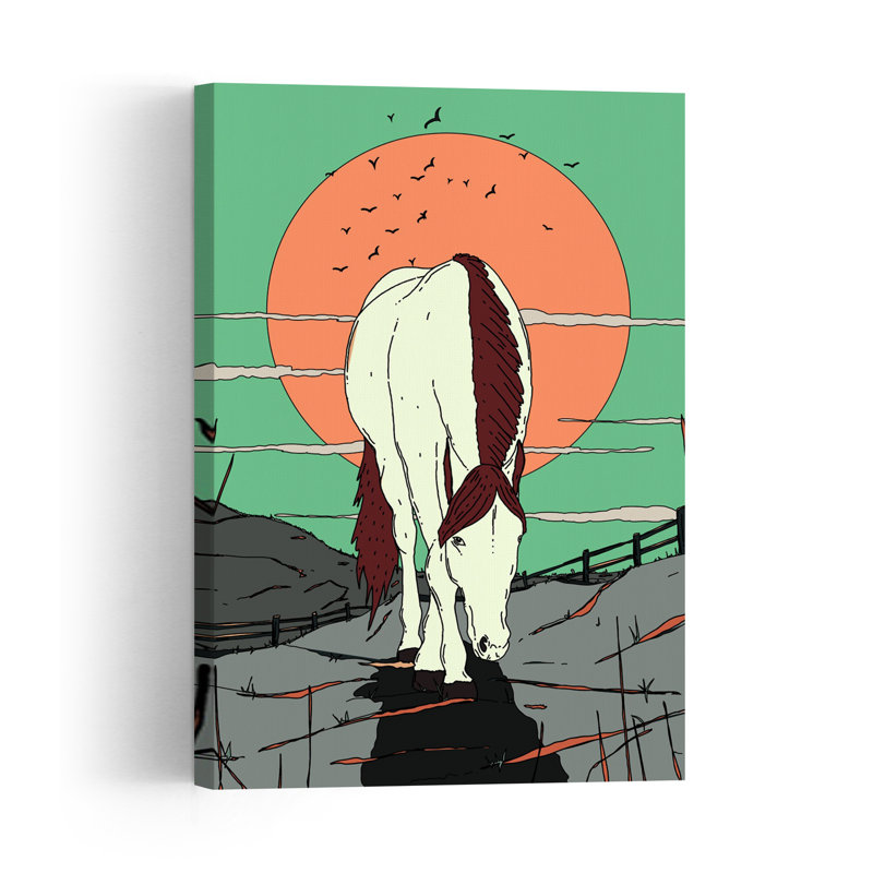 «White Horse Sunset Path Peaceful Serene Tranquil Bird Horse Landscape Nature», reproduction d'art mural, H 18 po x l 12 po