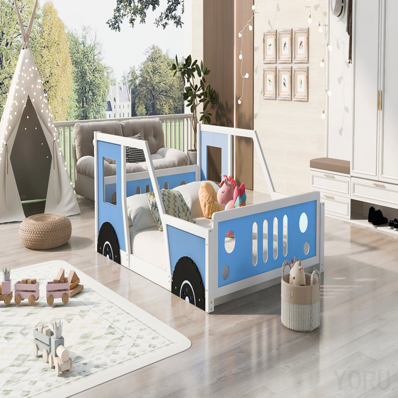 Lit plateforme double classique en forme de voiture avec roulettes, idéal pour les chambres d'enfants et les décorations ludiques