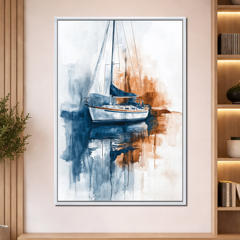 Reflet du port - Tableau encadré représentant un voilier, H 60 po x l 40 po, Cadre flottant blanc