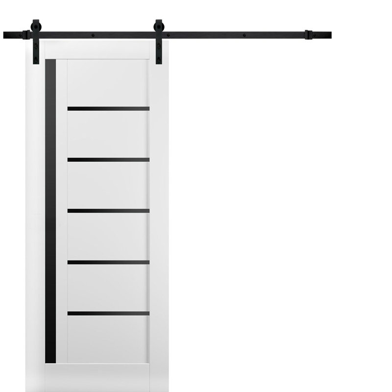 Porte de grange robuste Quadro 4588 Blanc Soie avec vitrage noir, rail de 2 m, quincaillerie renforcée, panneaux intérieurs pleins, 81 cm x 213 cm, vitrage noir, rail noir