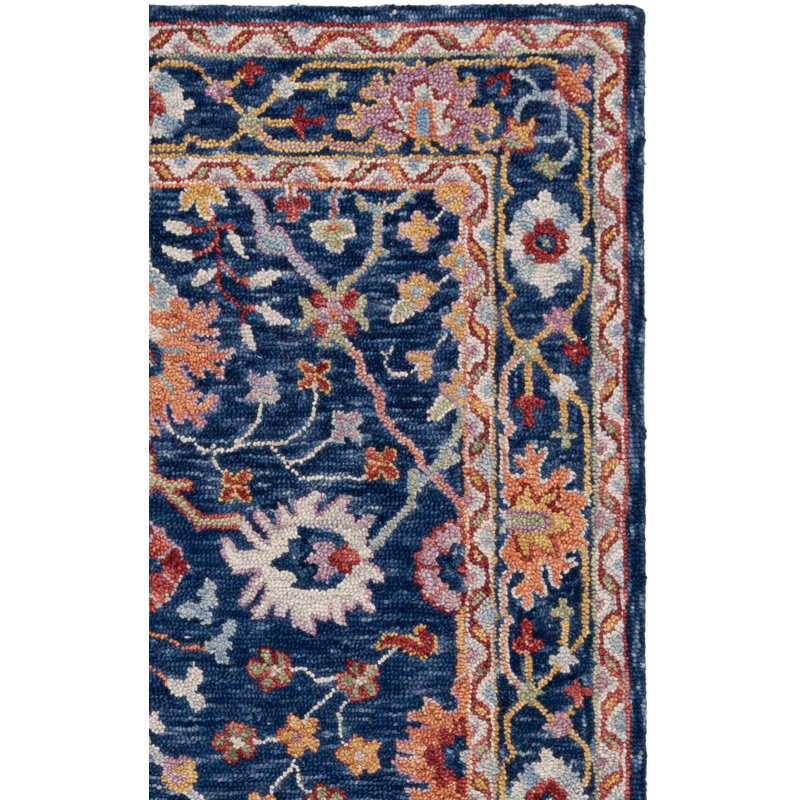Tapis floral bleu / rouge en laine touffeté à la main Panayotis, Rectangle 3 pi x 5 pi