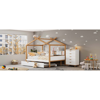 Wooden House Bed with Original Wood Colored Frame Twin Size Trundle and Bookshelf Storage Space for Children or Guest Room