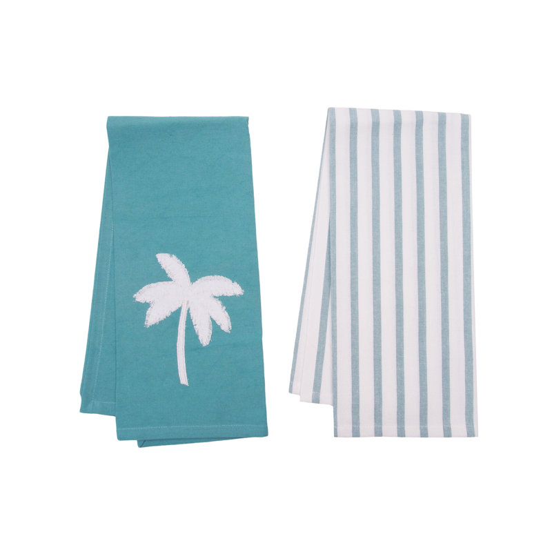 Aqua Palm Tree Stripe Towel Set 2