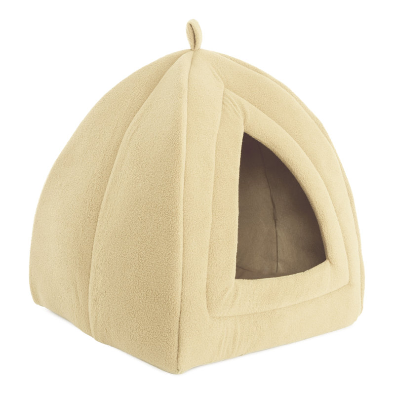 Tan Plush Foam Triangle Cat Bed with Enclosed Hood