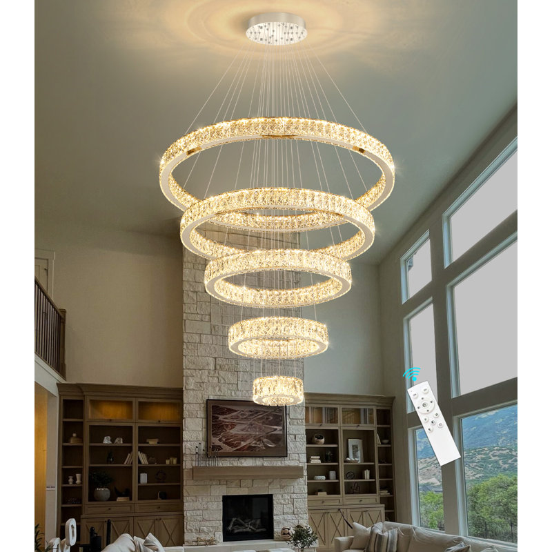 5 Ring High Ceiling Dimmable Chandeliers, Silver