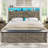 Queen Size Farmhouse Metal Bed Frame, Grey Platform Bed with LED Headboard, Charging Station and Storage Ottoman, Sturdy Bed for Teen Room-1856255954-1873563150