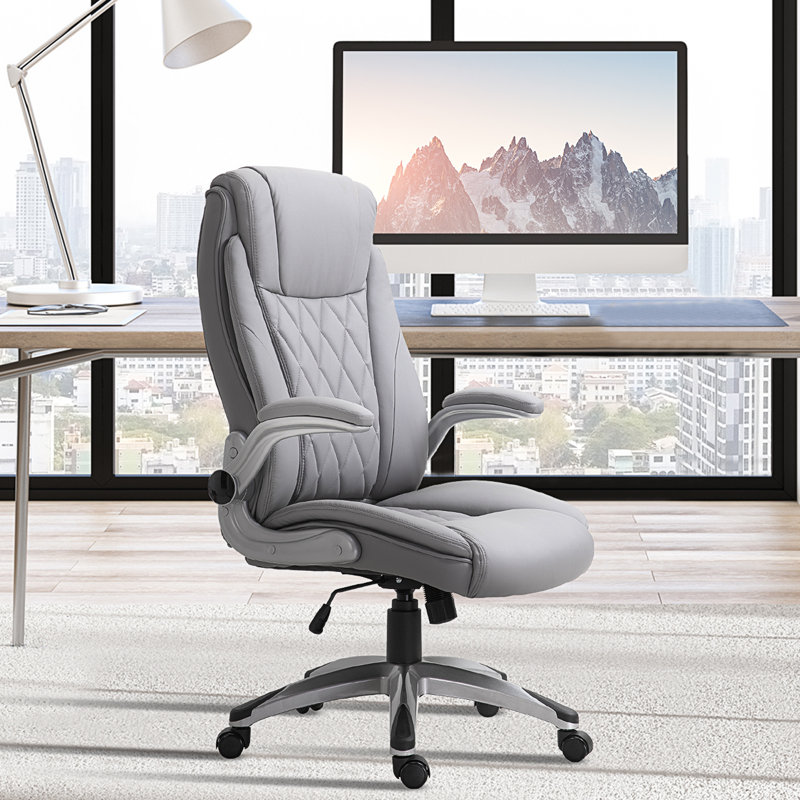 Vinsetto High Back 360° Swivel Ergonomic Home Office Chair With Flip Up Arms, Faux Leather Computer Desk Rocking Chair, Grey