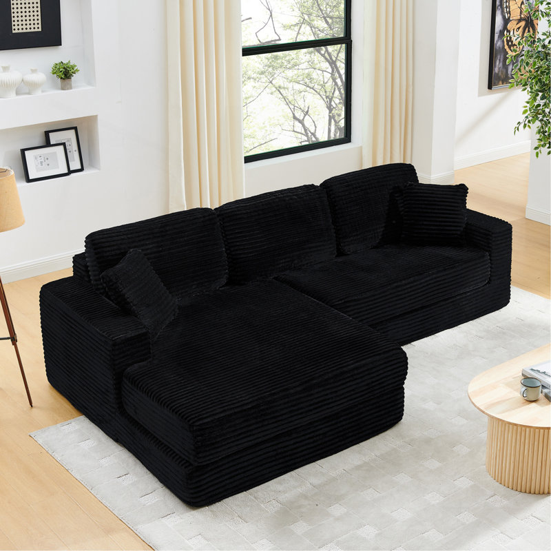 Siège gauche du canapé, canapé modulaire en forme de L, canapé modulaire compressé en velours côtelé de style minimaliste moderne, déplié en lit, chambre à coucher, canapé compressé confortable - Design économe en espace - Noir