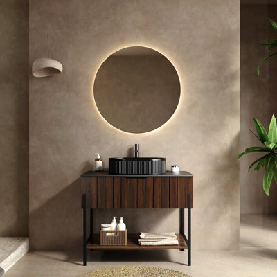 Meuble-lavabo de 36 po avec lavabo en céramique et meuble de rangement en rotin avec deux portes et un tiroir