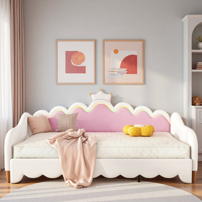Extending Upholstered Daybed With Led Lights And Crown Headboard, White