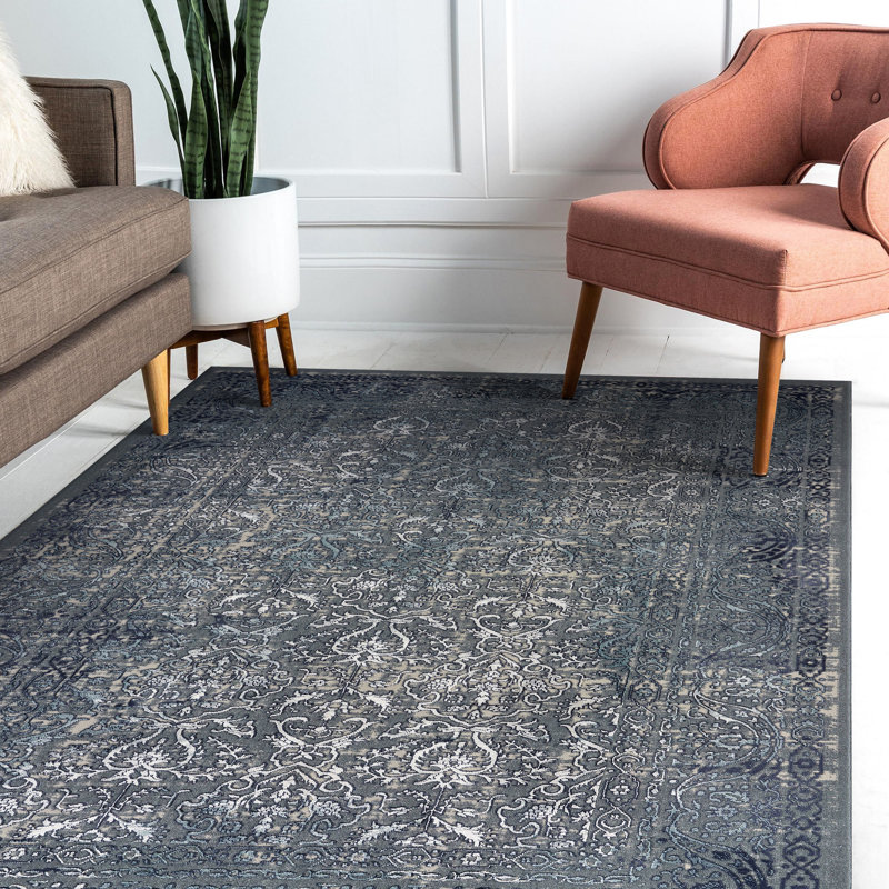 Tapis d'intérieur moderne en polyester tissé à la machine, Rectangle 1 pi 10 po x 3 pi, Bleu / Argent