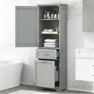 Tall Bathroom Storage Cabinet, Freestanding Storage Cabinet With Two Different Size Drawers And Adjustable Shelf, MDF Board With Painted Finish, Grey