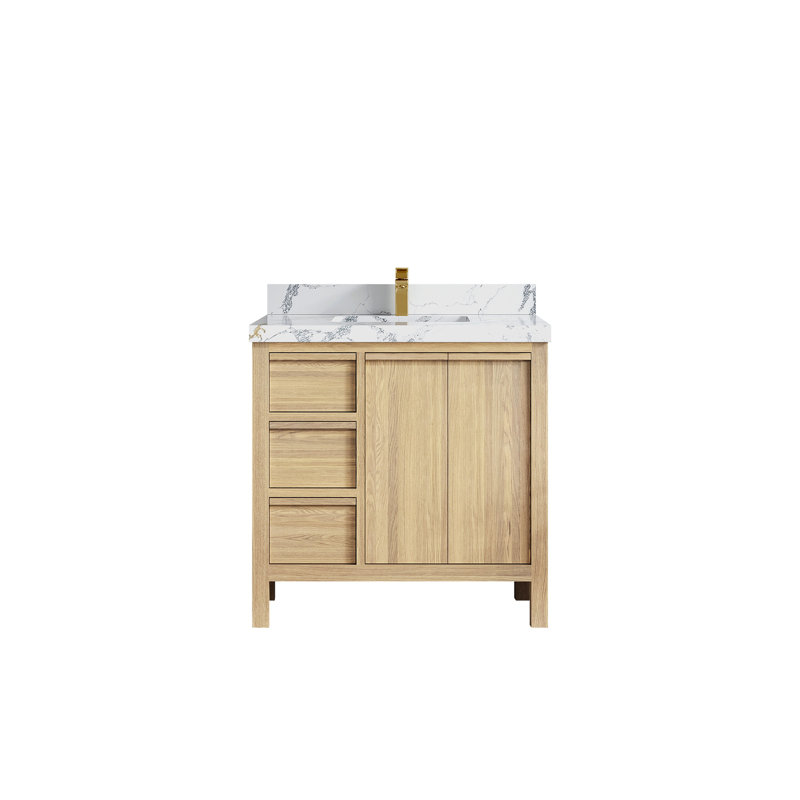Chêne blanc Elizabeth X P 22 po Meuble-lavabo central D Quartz, Calacatta Poanazzo
