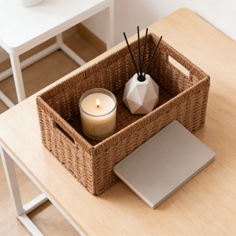 Woven Paper Rope Storage Basket With Handles, Foldable Rectangular Organizer Bin For Shelves, Closet, Living Room, And Nursery