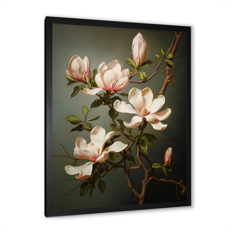 Magnolias méditation sur toile, Cadre photo noir simple, H 32 po x l 24 po x P 1 po
