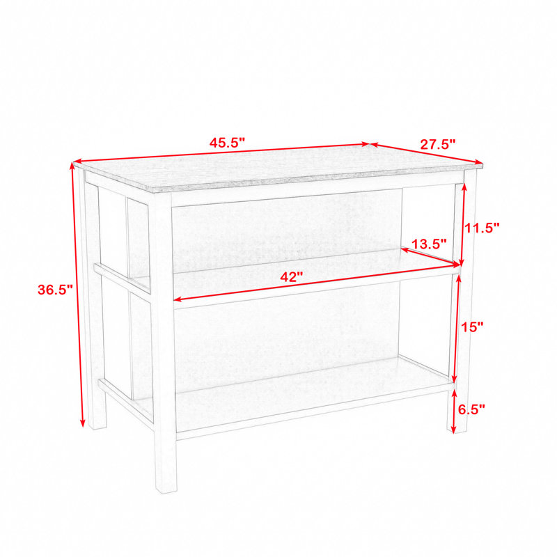 Doru Rustic 45" Stationary Kitchen Island, Rubberwood Butcher Block Dining Table with Open Shelves, Cream White