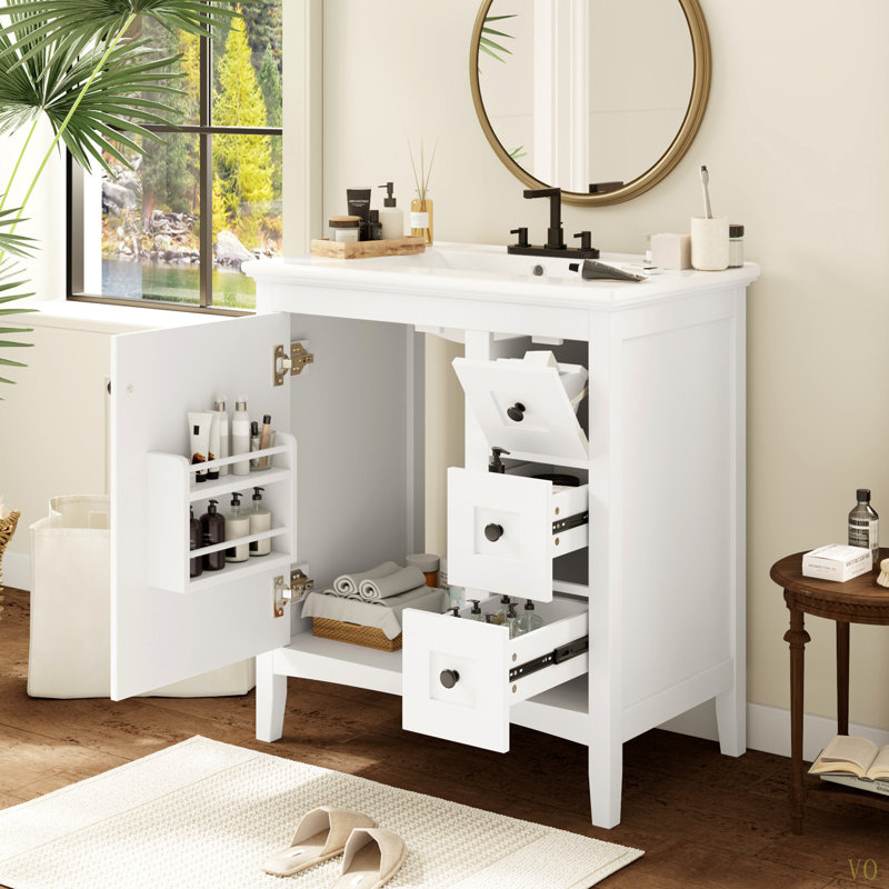 Meuble-lavabo moderne de 30 po avec lavabo en céramique, 3 tiroirs, meuble de rangement moderne en bois massif, idéal pour la maison
