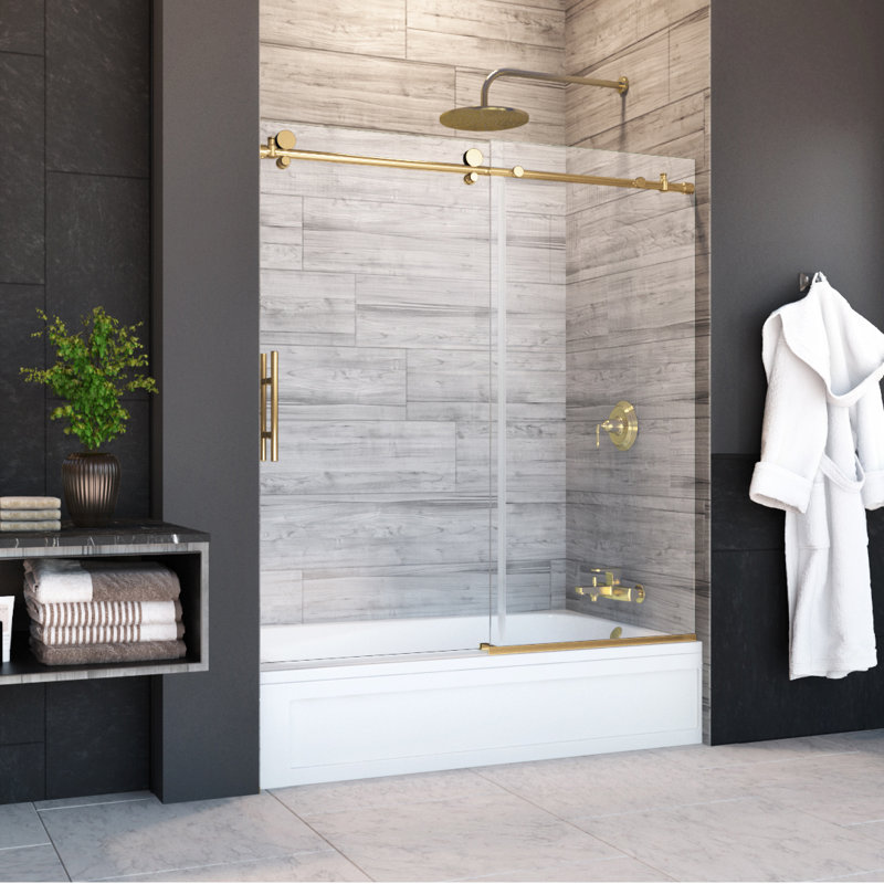Porte de baignoire coulissante sans cadre Eclipse l 60 po x H 60,5 po en or brossé avec verre transparent épais de 3/8 po (10 mm)