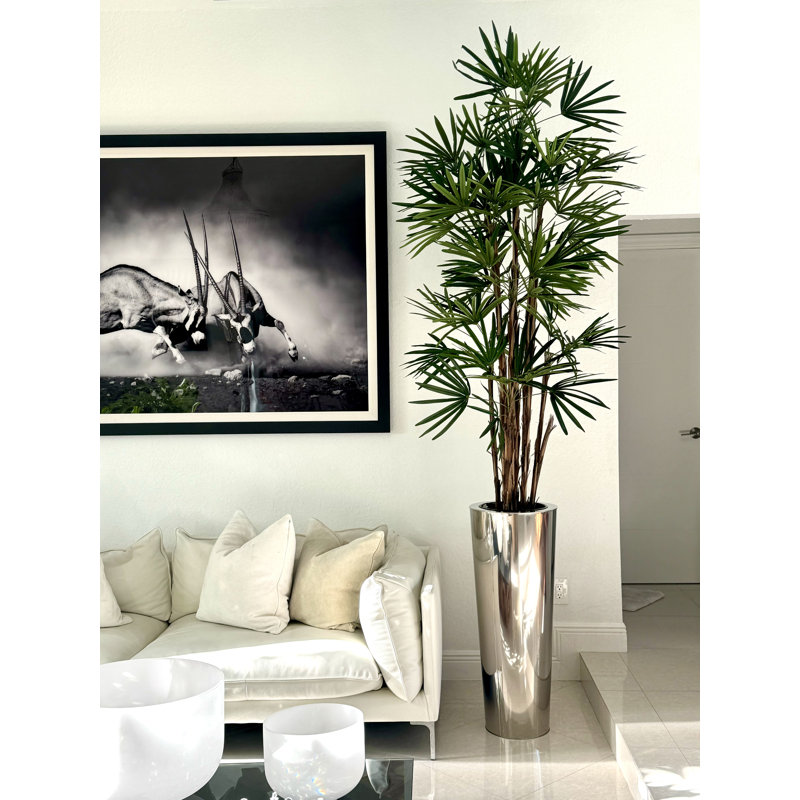 Lady Faux Palm Tree in Metal Planter, Silver, 104" H x 33" W x 33" D