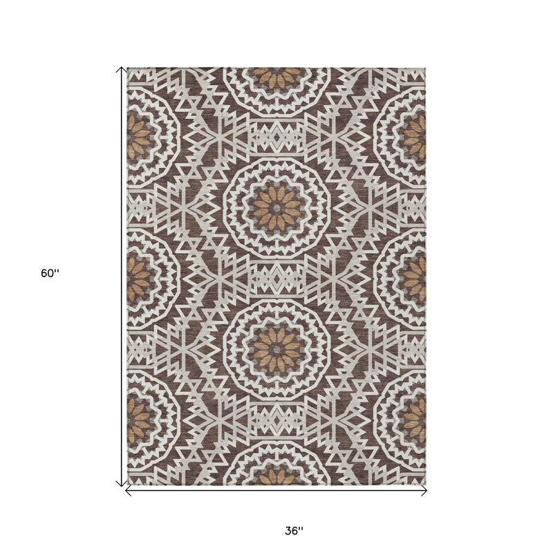 3' X 5' Chocolate Ivory And Taupe Floral Medallion Washable Indoor Outdoor Area Rug