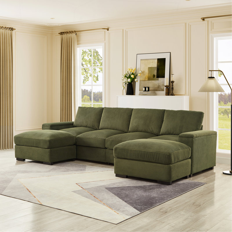 Sectional Sofa Deep Seat Sofa Couch With Ottomans, Dark Green Corduroy