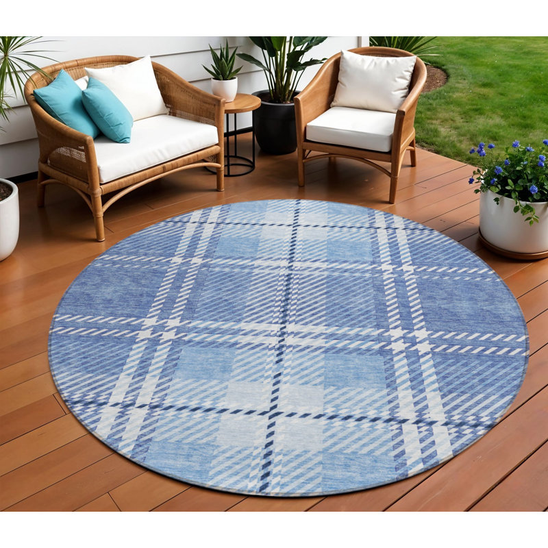 Tapis d'intérieur rond lavable à carreaux bleu 8 po Denim