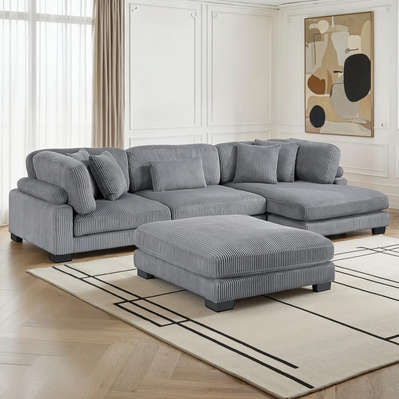 Hulett 135" Modern Modular Sectional with Corduroy Fabric, Adjustable Backrests & 5 Pillows, 34.5" H x 135" W x 70" D