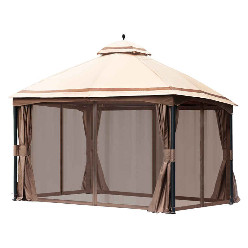 Large Waterproof Beige Steel Patio Gazebo with Mosquito Netting