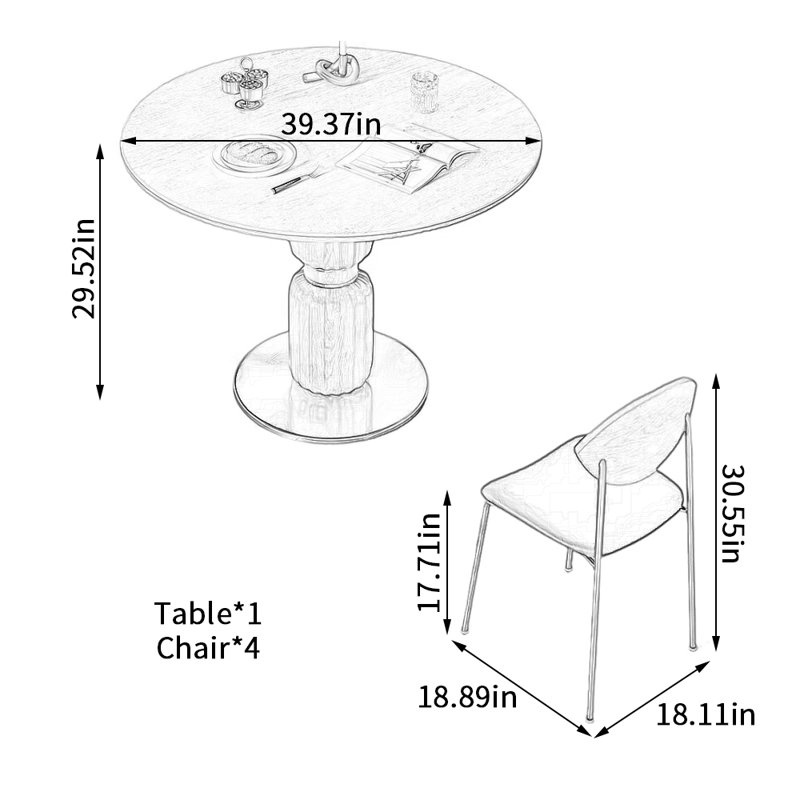 Solid Stable Lantern-shaped Round Dining Table Set, 29.52" H x 39.37" W x 39.37" D, 5 Pieces: Table, 4 Chairs